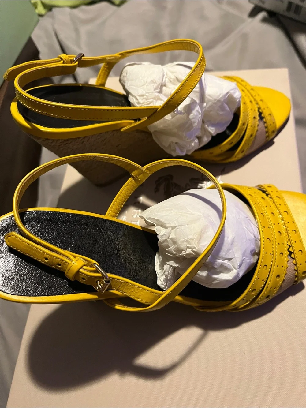 Burberry Yellow Leather Espadrille Slingback Wedges